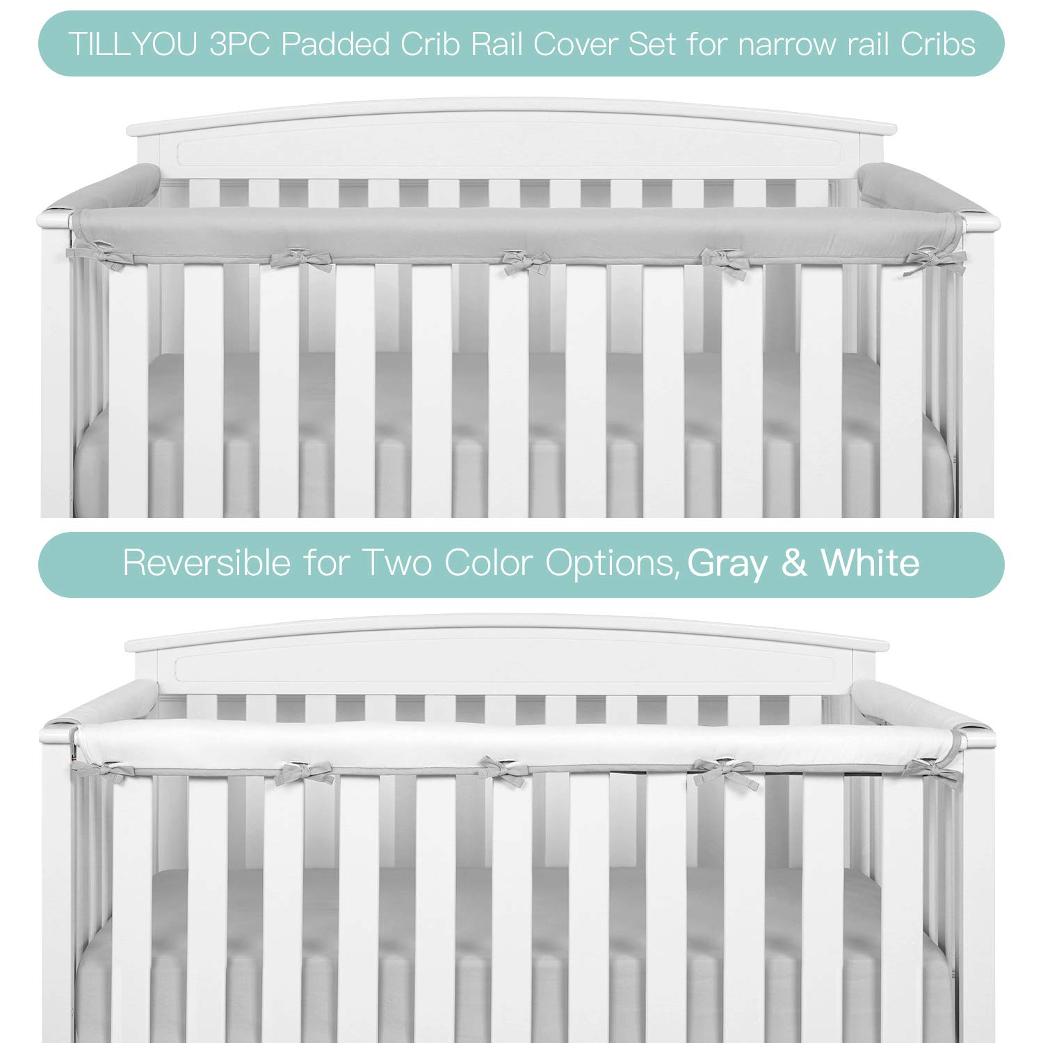TILLYOU 3-Piece Padded Baby Crib Rail Cover Protector Set from Chewing, Safe Teething Guard Wrap for Standard Cribs, 100% Silky Soft Microfiber Polyester, Fits Side and Front Rails, Pale Gray: Baby