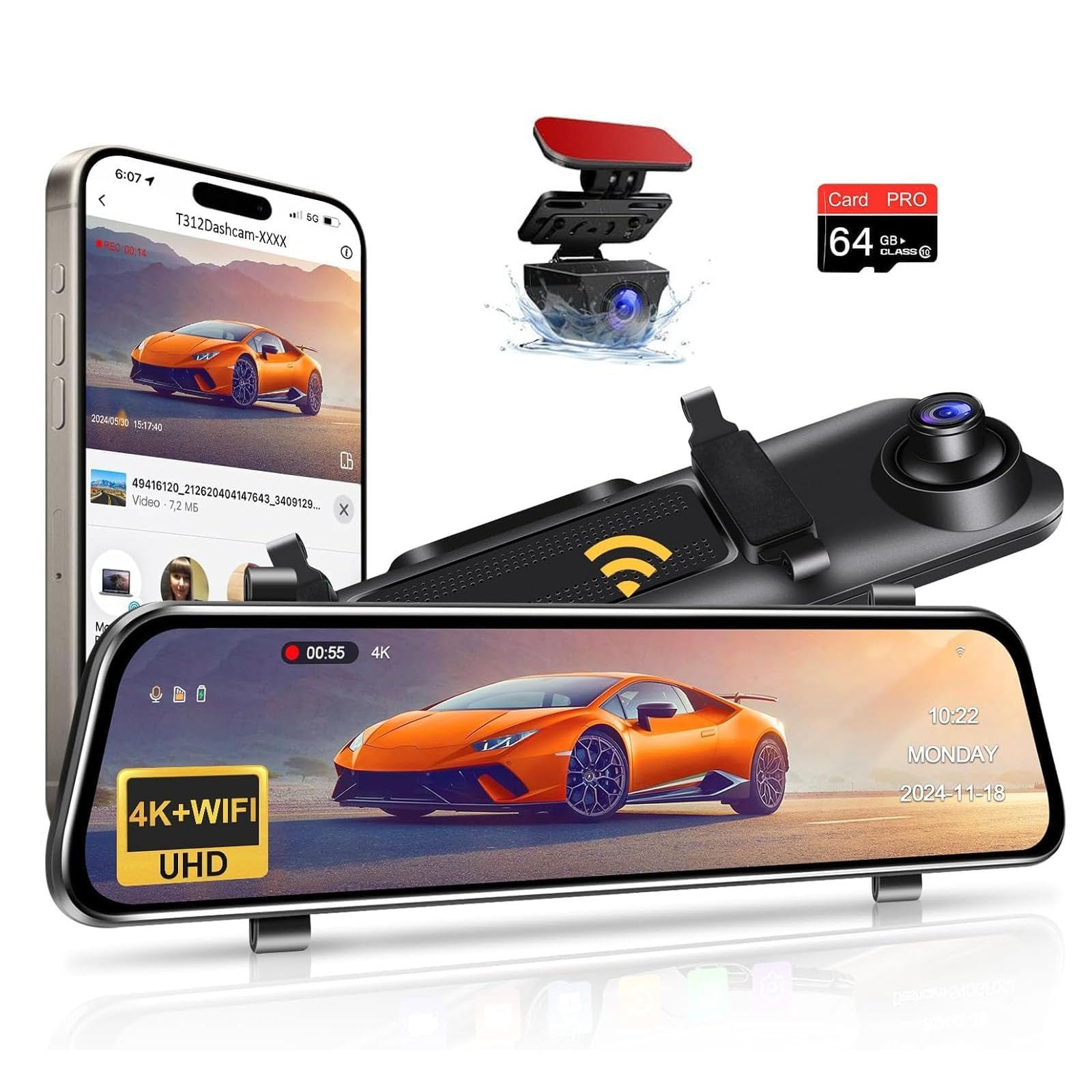 Photo 1 of ?Limited-Time? 12" 4K Rear View Mirror Camera WiFi Mirror Dash Cam Front and Rear with 64GB Card Super Night Vision G-Sensor Loop Recording 2160P Digital Rearview Mirror Dash Cam for Cars