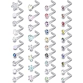 Prjndjw 20G Surgical Steel Nose Rings and Studs - Glow Dark Heart Opal CZ Flower Piercing Jewelry for Women - 38Pcs 6.5mm Straight Bend L Shaped Piercing Kit