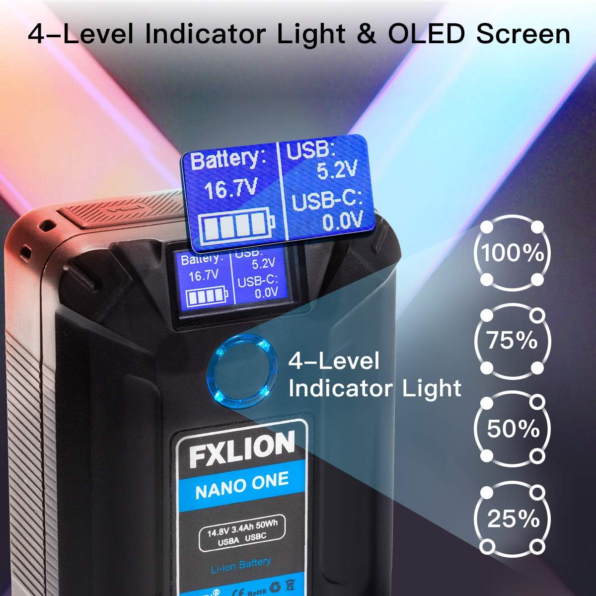 FXLION NANO ONE [Official] V Mount/V-Lock Battery 3400mAh(50Wh/14.8V) with D-TAP, USB-C, USB-A, Micro USB Plugs, 10oz Mini Power Bank for Cameras, Camcorders, LED Lights, Monitors, Macbook and Smartphone : Home Audio & Theater