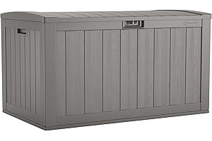 Suncast 134-Gal. Waterproof Resin Extra-Large Outdoor Patio Deck Box with Pad-Lockable Lid, Modern Outdoor Patio Bench/Storage Box for Cushions, Garden Tools, and More, Dove Gray