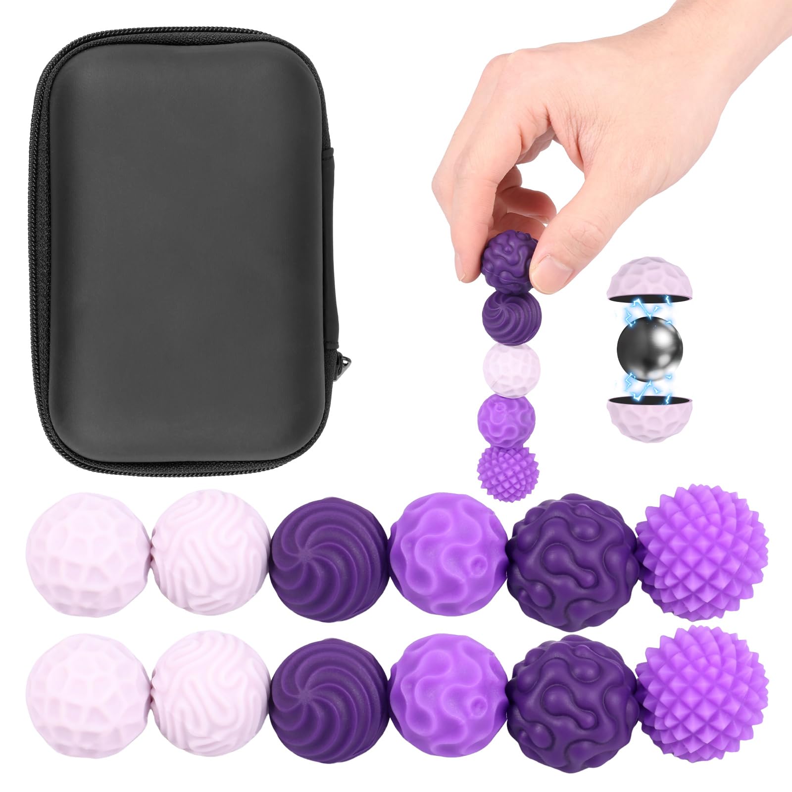 12Pcs Magnetic Balls with Silicone Shell,6 Different Textures Design Anti-static Stress Relief Toy for 14+ Kids and Adults,22mm Concentration Tool for Office Home School (12Pcs-Purple)