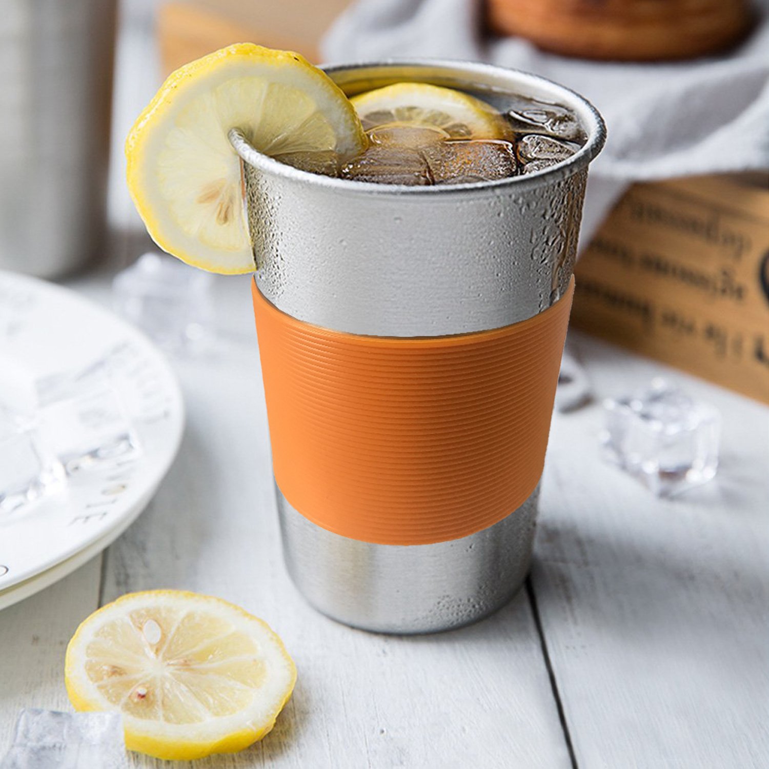 Stainless Steel 17 oz Pint Cup with Sleeves (4 Pack)-Unbreakable, Stackable,Premium Metal Drinking Glasses for Travel, Outdoor, & Everyday