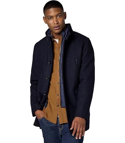 Cole Haan Men's Classic Melton Top Coat with Faux Leather Details