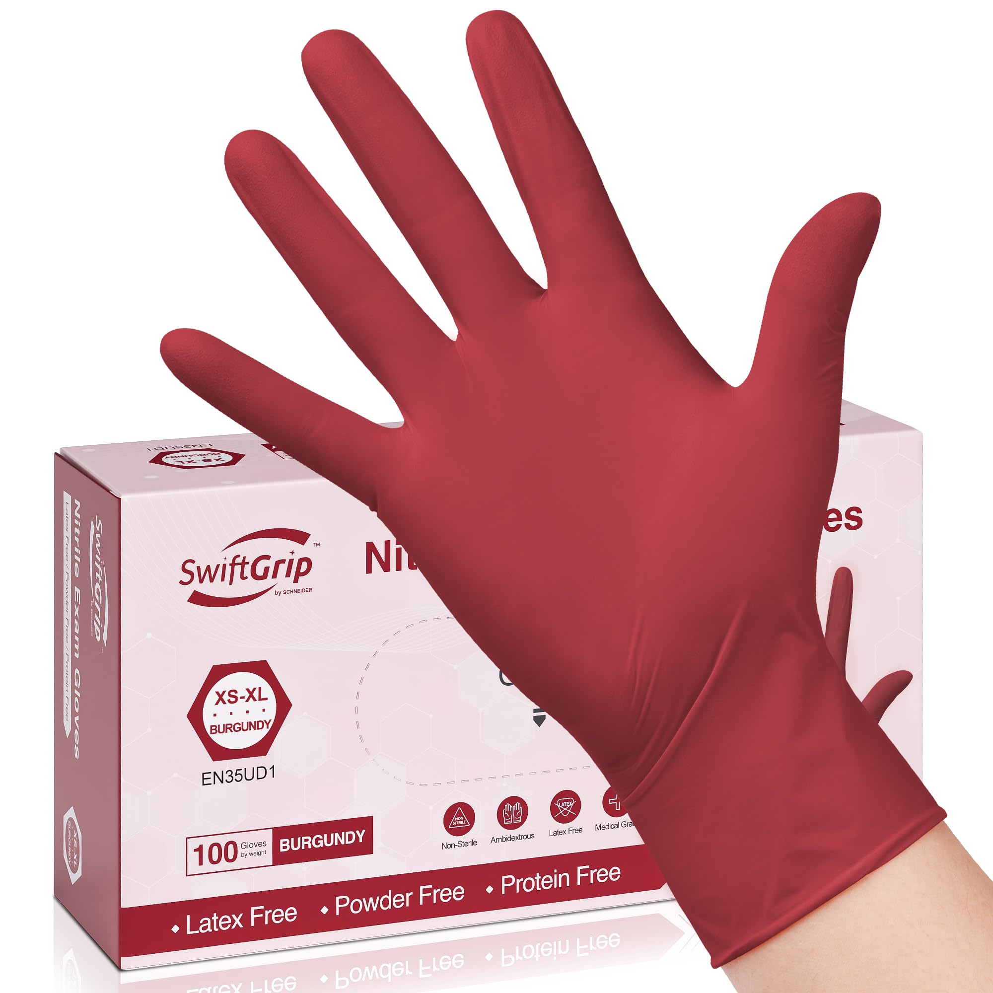 SwiftGrip Disposable Nitrile Exam Gloves, Medium, Box of 100, Burgundy, Latex-Free, Powder-Free, 3mil, Medical Grade, Food Safe, Non Sterile