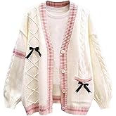 Shebote Womens Cute Sweet Cardigan Sweater Long Sleeve V-Neck Bowknot JK School Uniform Cardigans Knitted Sweaters