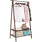 Jotsport Bamboo Clothing Rack Foldable Clothes Hanging Stand with 2 Tier Storage Shelf for Laundry, Guest Room, Apartment, Entryway