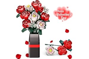 Roses Flowers Bouquet Building Set for Adult with Vase, 841PCS Red Rose Artificial Flower Botanical Collection Plant Kit, Hom