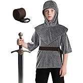 UQJE Kids Renaissance Imitative Chain Mail Shirt with Coif Medieval Knight Costume Armor Tunic Costume Belt Set