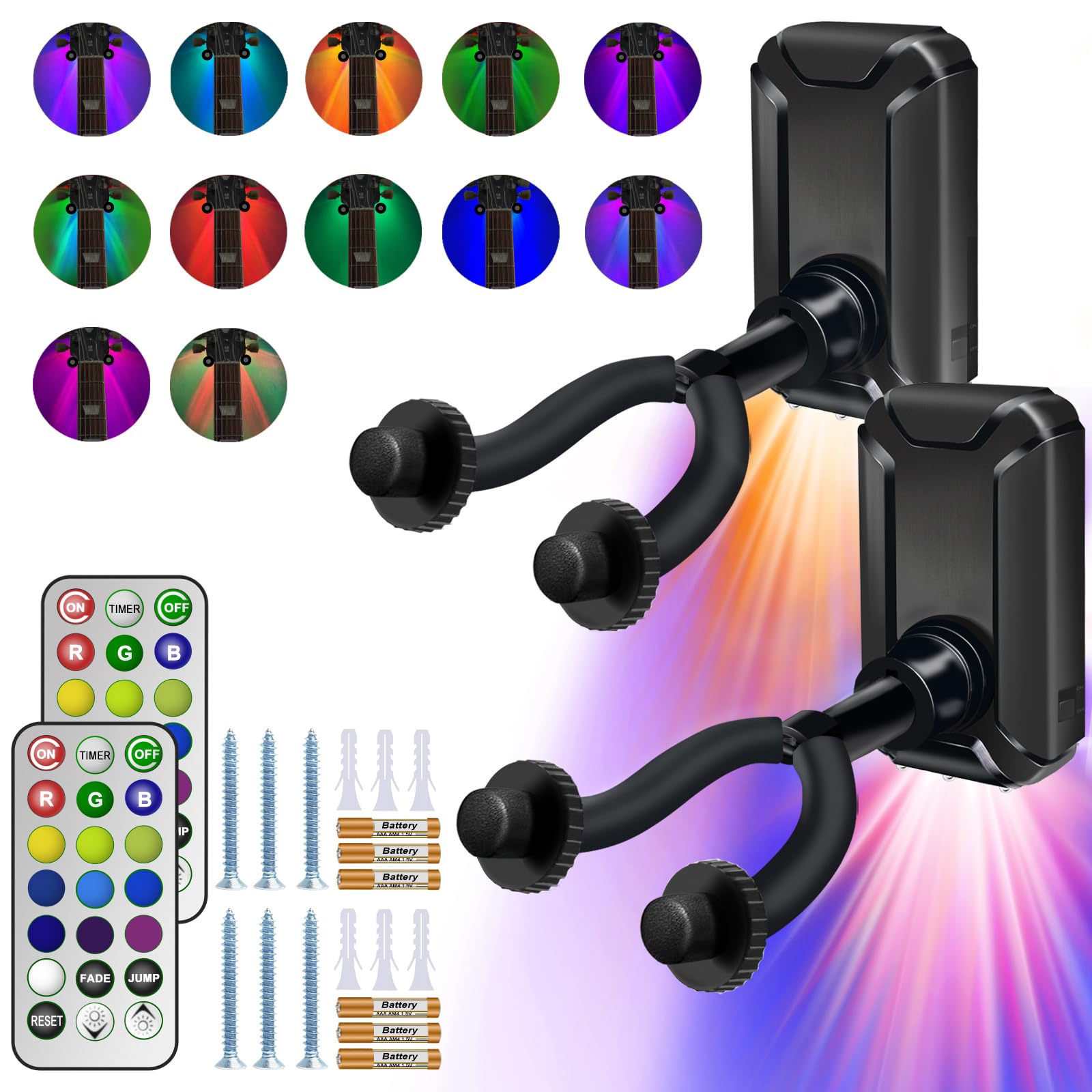 Kithouse Light Up Guitar Wall Mount 2 Pack, RGB Colorful Light Guitar Hanger Holder with Remote for Electric Guitar, Acoustic, Bass, Ukulele, Banjo, Guitar Display with Surrounding Lightings