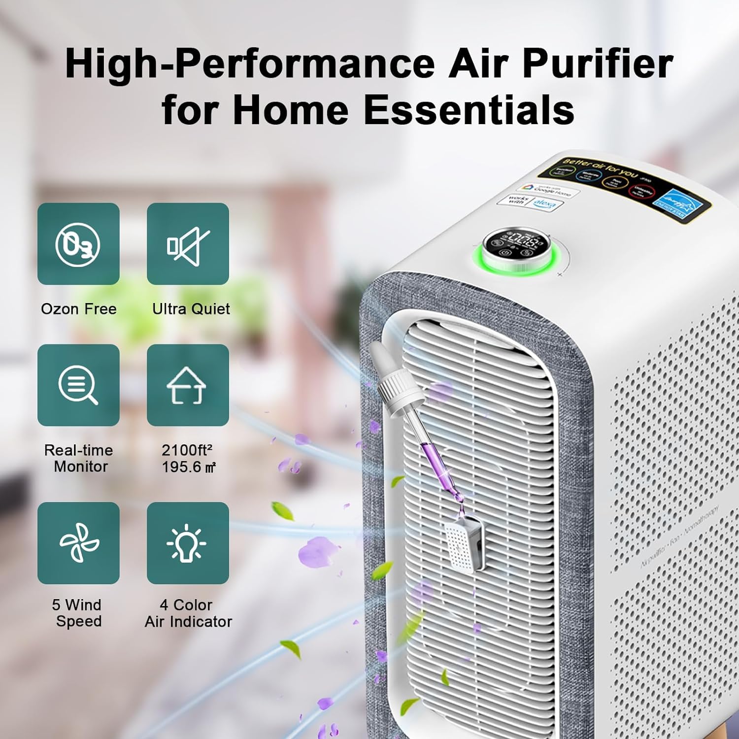 Jafända Air Purifier JF500 with 4 HEPA 13 Activated Carbon Filters Up to 2105ft², Air Cleaner 22dB Sleep Mode for Home Bedroom Large Room Pets Smokers, Removes 99.97% Mold Odor Dander Allergies