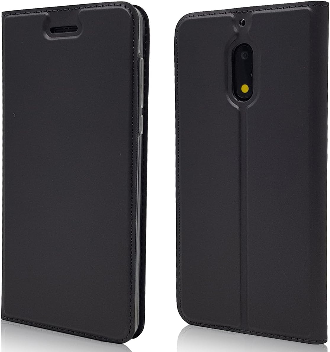 Cavor Nokia 6 Leather case, Premium Stylish PU Leather Flip Folio Cover Built-in ID & Credit Card Slot Magnet Closure Full Body Protection Smartphone Accessories - Black