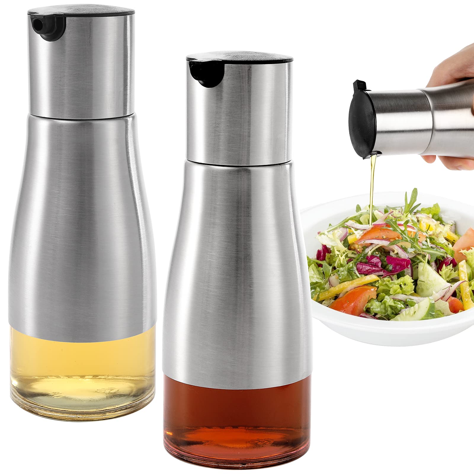 Tebery 2 Pack 300ml Silver Olive Oil and Vinegar Dispenser Set, Oil Dispenser Cruet with Easy & Drip Free Pouring, Elegant Stainless Steel with Glass Bottom,10oz