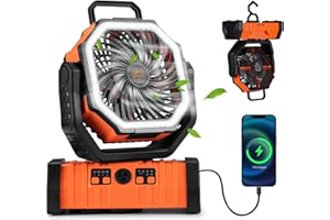 SAN HIMA SanHima Camping Fan with LED Light - 20000mAh Rechargeable Battery Powered Portable Fan w/ 360° Rotation Hook, 4 Speed Oscillation Cordless USB Desk Fan for Tent Travel Home Office Beach Fishing
