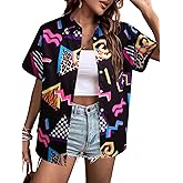 80s 90s Outfits for Women: 80s Disco Party Themed Shirt Vintage 90s Neon Hawaiian Button Down Short Sleeve Tops
