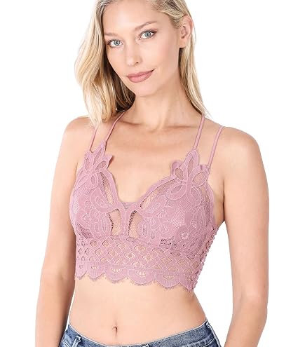 Zenana Women's Crochet Sexy Floral Lace Bralette with Cross Back Adjustable Spaghetti Strap and Removable Pads (Light Rose, Small)
