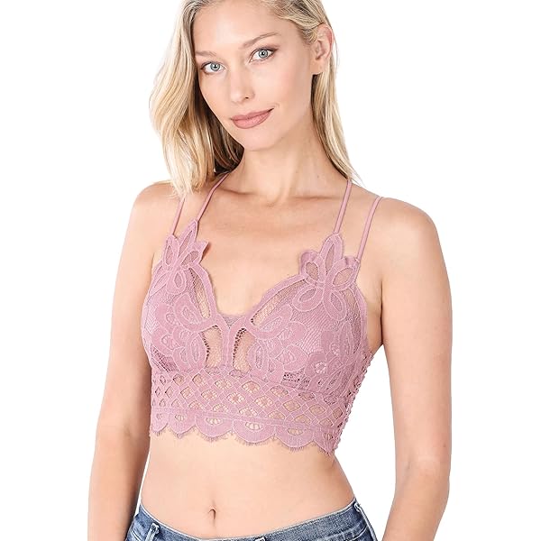 Zenana Women's Crochet Sexy Floral Lace Bralette with Cross Back