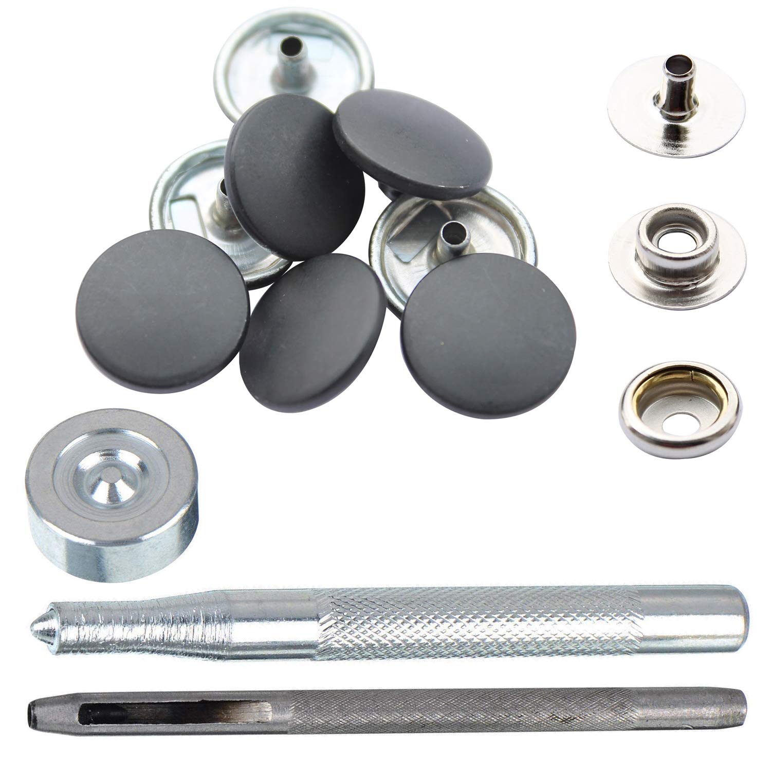 Trimming Shop Press Studs Matt Black Snap Fasteners with Fixing Tools for Clothing, Bags, Leathercraft, Fashion Accessories, DIY Craft Projects, 15mm, 10pcs