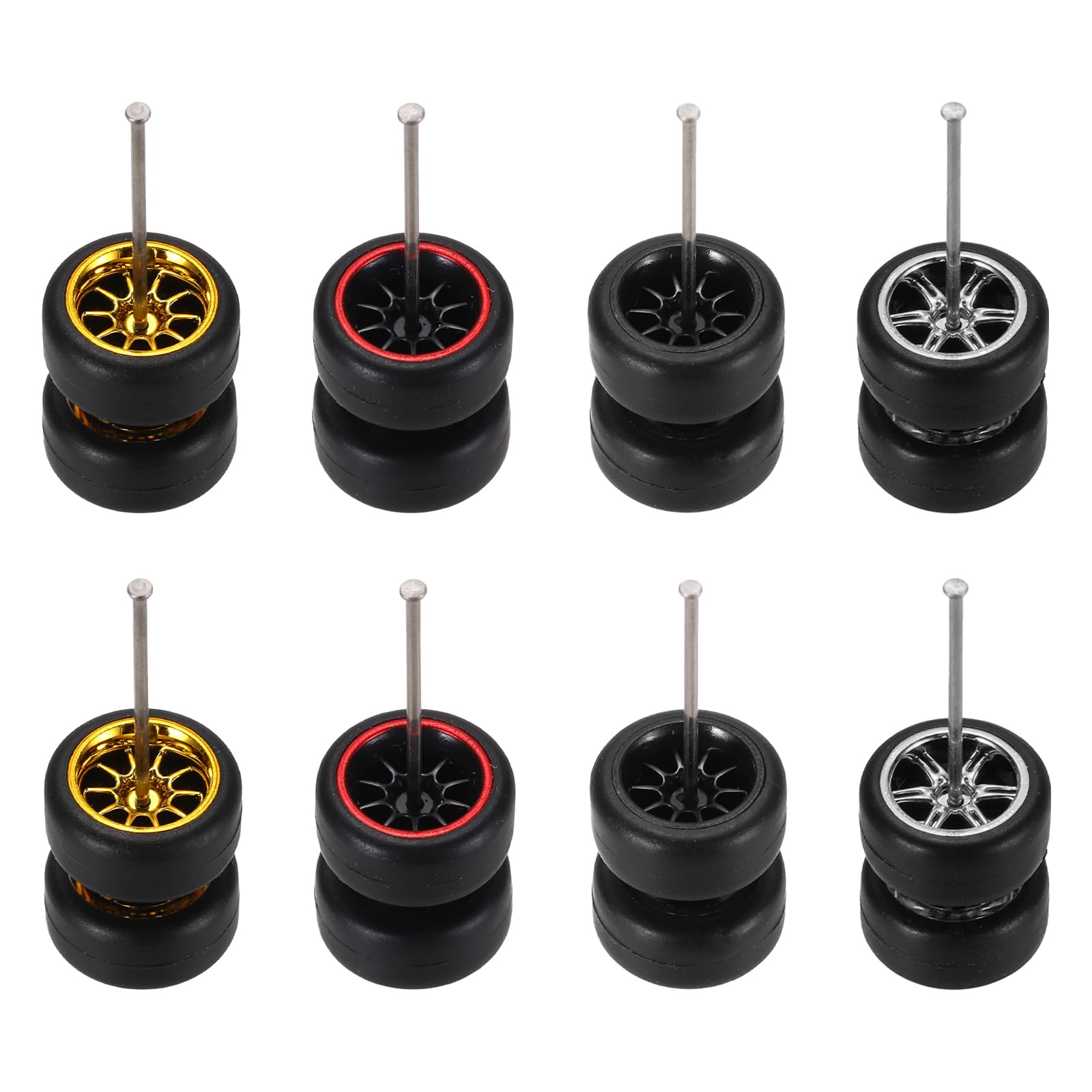 sourcing map 8 Set 1/64 Wheels and Tires Set, Real Riders Rims Includes Axles for RC Diecast Car DIY Model, 10-Spoke Gold Silver Red Line Black Rims