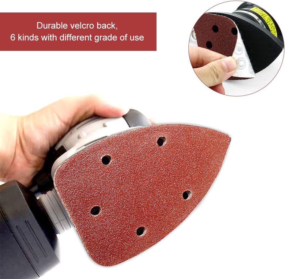 Triangle Sandpaper, Mouse Detail Sanding Discs Hook And Loop, 120pcs 5 Hole Back Velvet Sandpaper Disc Sand For Random Orbital Sander 40, 60, 80, 120, 180, 240 Grits (5.5 3.7 Inch) - - 