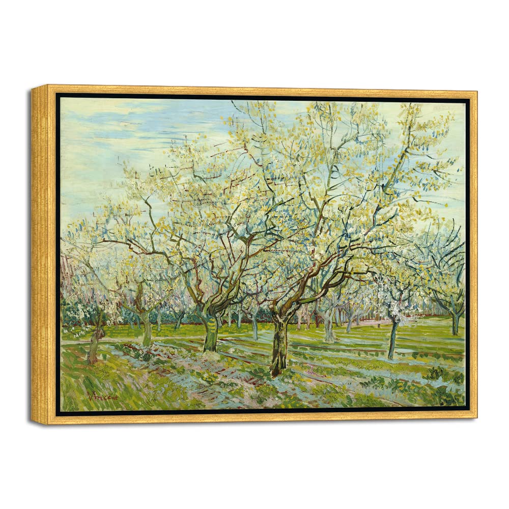 Wieco Art Framed Wall Art of The White Orchard by Vincent Van Gogh Famous Oil Paintings Reproduction Abstract Canvas Prints for Home Living Room Decorations Bronze Gold Frame