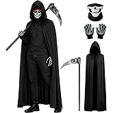 Grim Reaper Cloak Costume Halloween Hooded Cape Cosplay Scary Outfit Set | Unisex | Lightweight & Breathable | Set with Mask & Gloves & Scythe | One Size Fits All (59″)