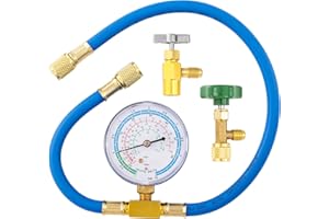 TIGBEAR R290 and R600A Charging Manifold Hose Kit, R600A Refrigerant Recharge Kit with Piercing Can Tap Opener 1/2 Acme to 1/4, 7/16 to 1/4 Self-Sealing Can Tap, Gauge Pressure 600 PSI