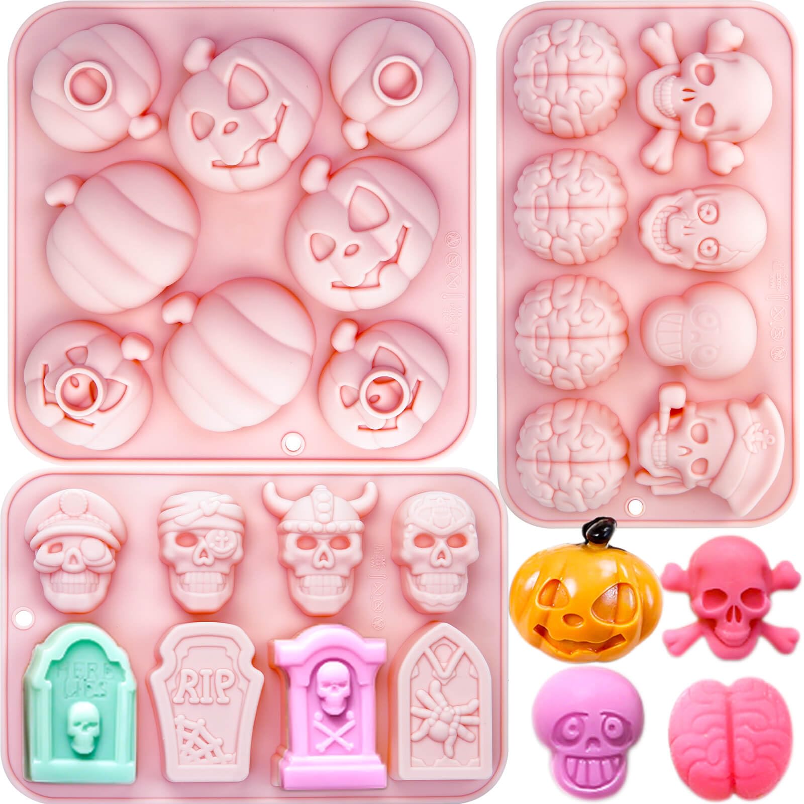 Photo 1 of 3 Pack Halloween Silicone Molds for Baking, Halloween Skull Baking Mold Brain Mold 3D Halloween Pumpkin Chocolate Mold Tombstone Silicone Molds for Soap Pudding Mousse Cake Candy Cupcake Jelly Making