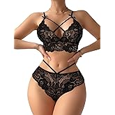 Lilosy Sexy Strappy Women Floral Lace High Waist Pajamas Lingerie Set