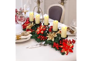 Sliner Christmas Tabletop Centerpiece 29.5 Inch Christmas Poinsettia Candle Holder with 5 Battery Operated LED Flameless Cand