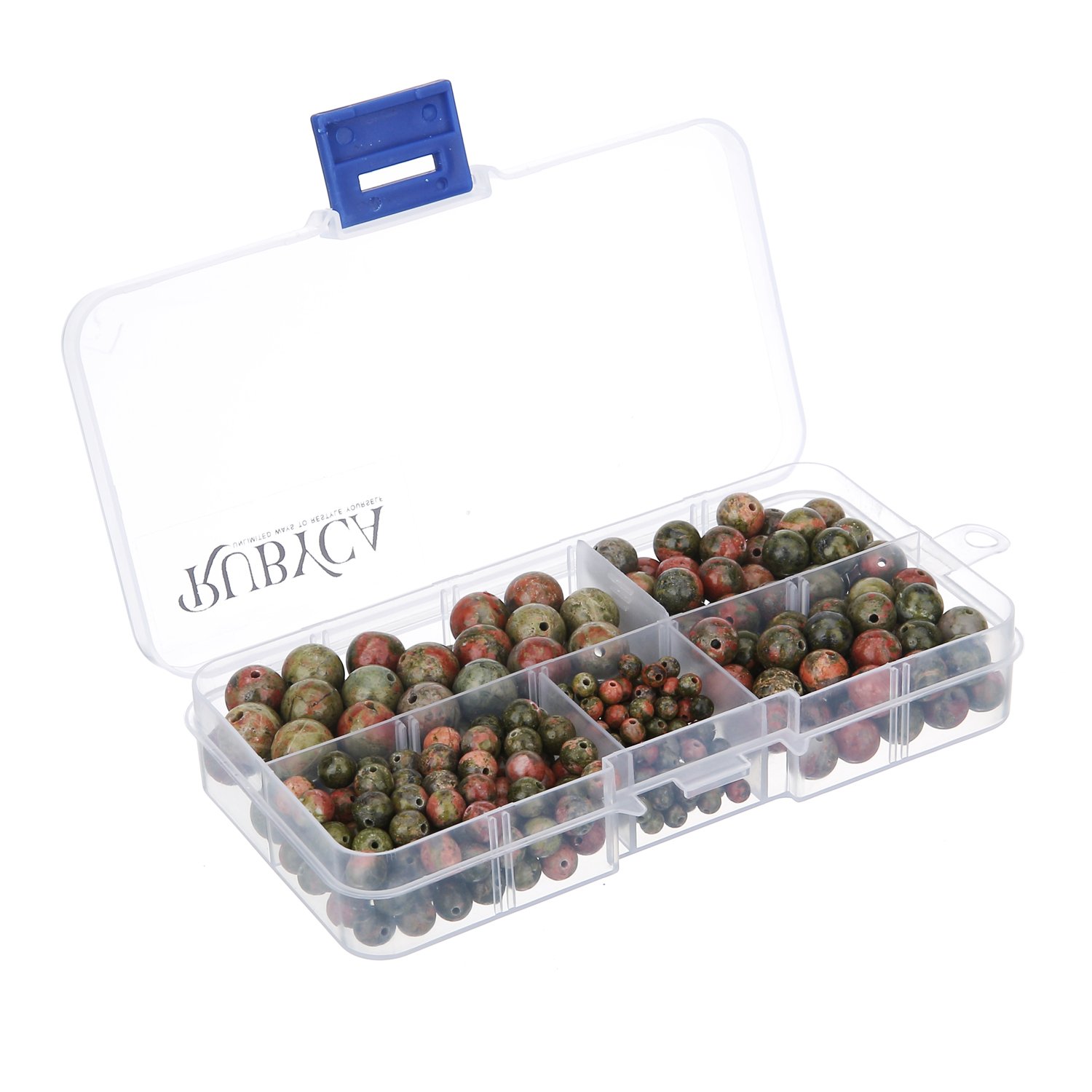 RUBYCA Natural Unakite Gemstone Round Loose Beads Organizer Plastic Box for Jewelry Making Mix Sizes