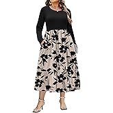 IN'VOLAND Women Plus Size Long Sleeve Dress Loose Casual Flowy Tiered Long Maxi Dresses with Pockets