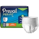 Prevail Per-Fit Daily Protective Underwear, Unisex Adult Disposable Diaper for Men & Women, Extra Absorbency, X-Large, 58""-68"" Waist, 20 Count Bag, White