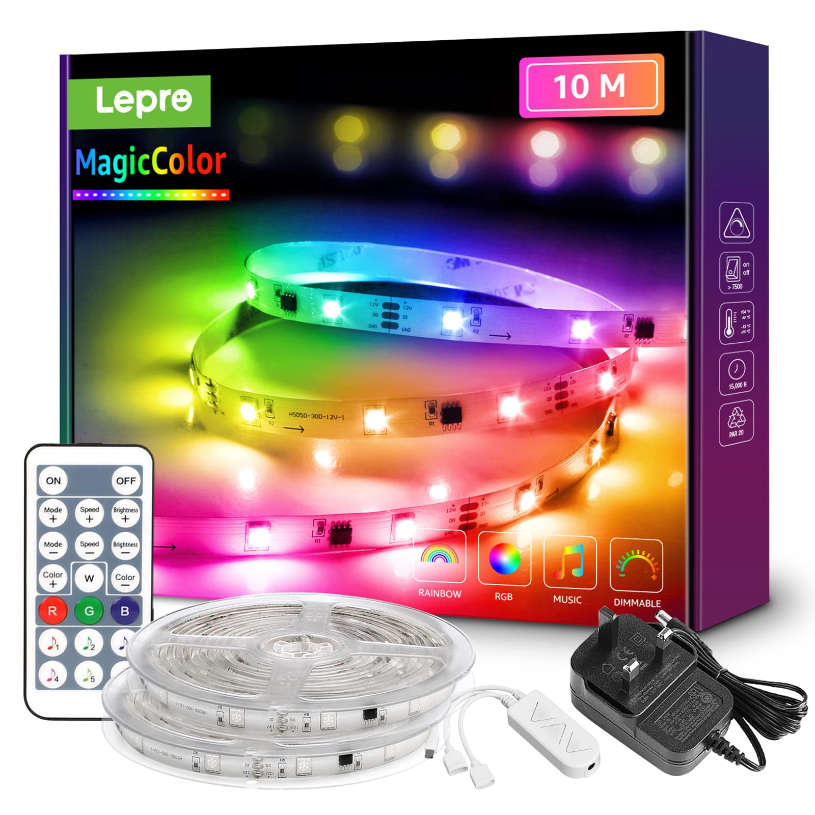 Lepro LED Strip Light 10M RGBIC, Multi Colour Rainbow Light, MagicColor Chasing Light, Music Sync LED Lights for Bedroom Kitchen Games Room Party and More (2 x 5M, 300 LEDs)