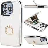 Folosu Compatible with iPhone 14 Pro Case Wallet with Card Holder, 360°Rotation Finger Ring Holder Kickstand, RFID Blocking Leather Protective Double Buttons Shockproof Cover 6.1 Inch White