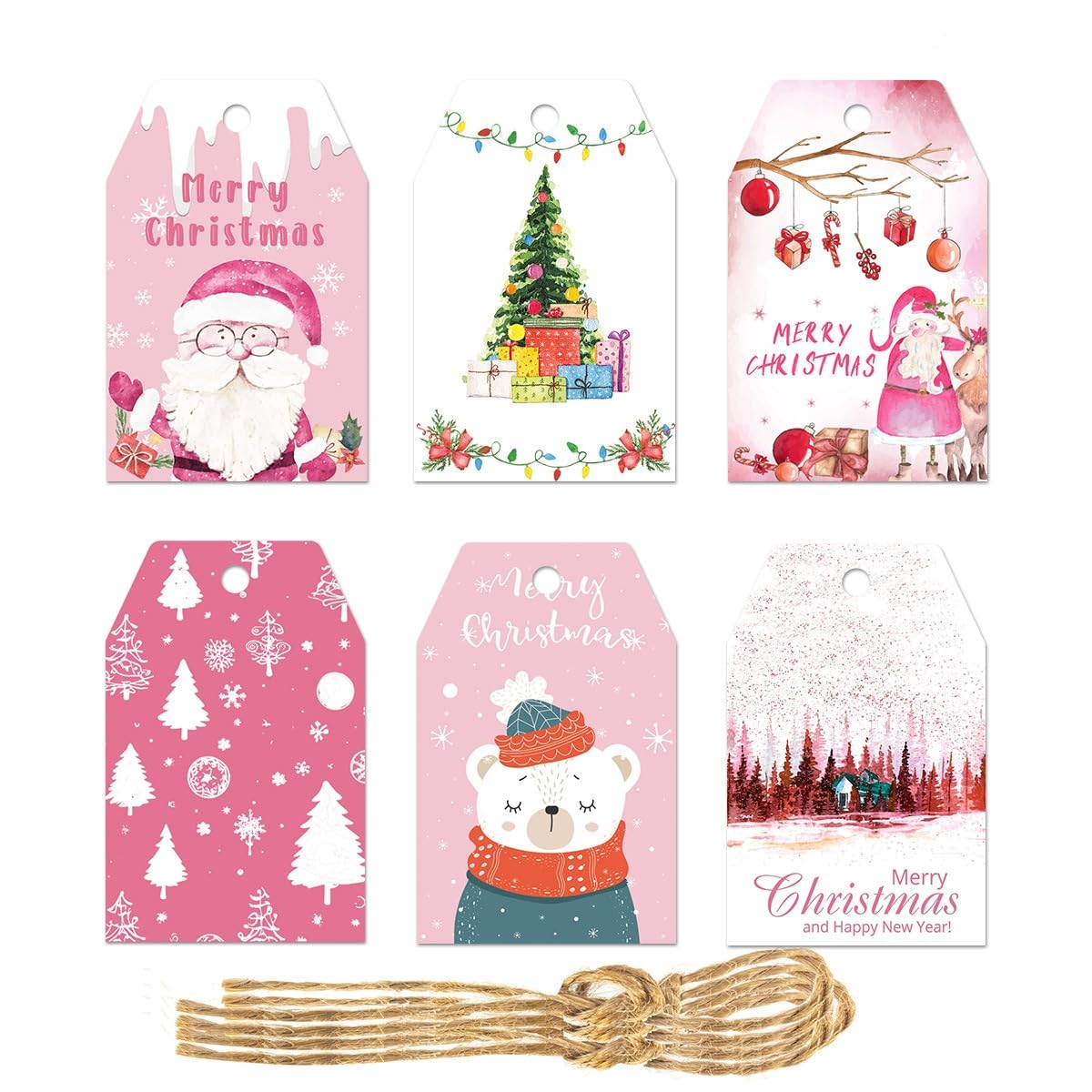 Christmas Tags,Xmas Pink Paper Gift Tags with String 60PCS 6 Designs,Christmas Tree Santa Claus Hanging Gift Lables for Merry Christmas Happy New Year DIY Art Crafts Gift Present Wrapping