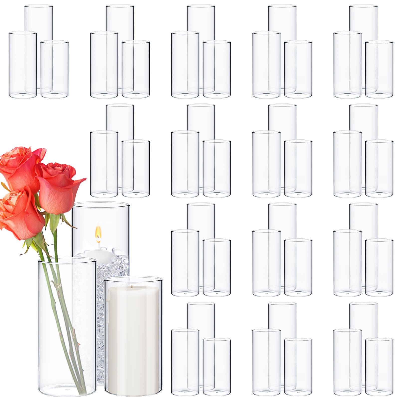 Photo 1 of Didaey 48 Pcs Thin Cylinder Vases Set for Centerpieces 2.5''/2.7'' Diameter 2mm Thickness Clear Glass Vase Hurricane Floating Candle Holder for Wedding Table Decoration (2.5'' X 5'',6'',8'')