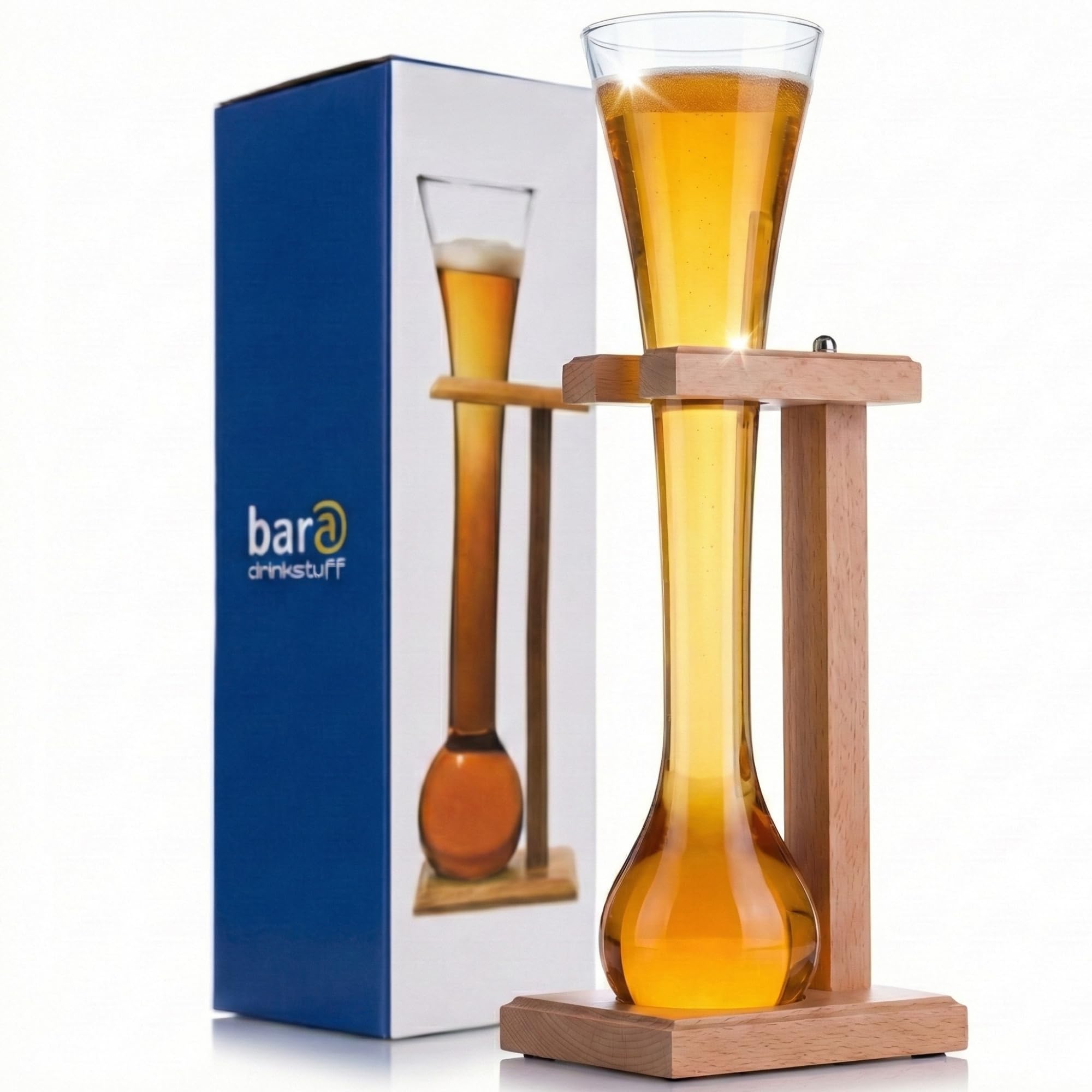 Drinkstuff Glass Half Yard of Ale with Stand – 700ml Yard Glass holds 1.2 Pints, Birch Wood Stand, Gift‑Boxed Novelty Half Yard Glass for Parties, Gifting & Drinking Challenges