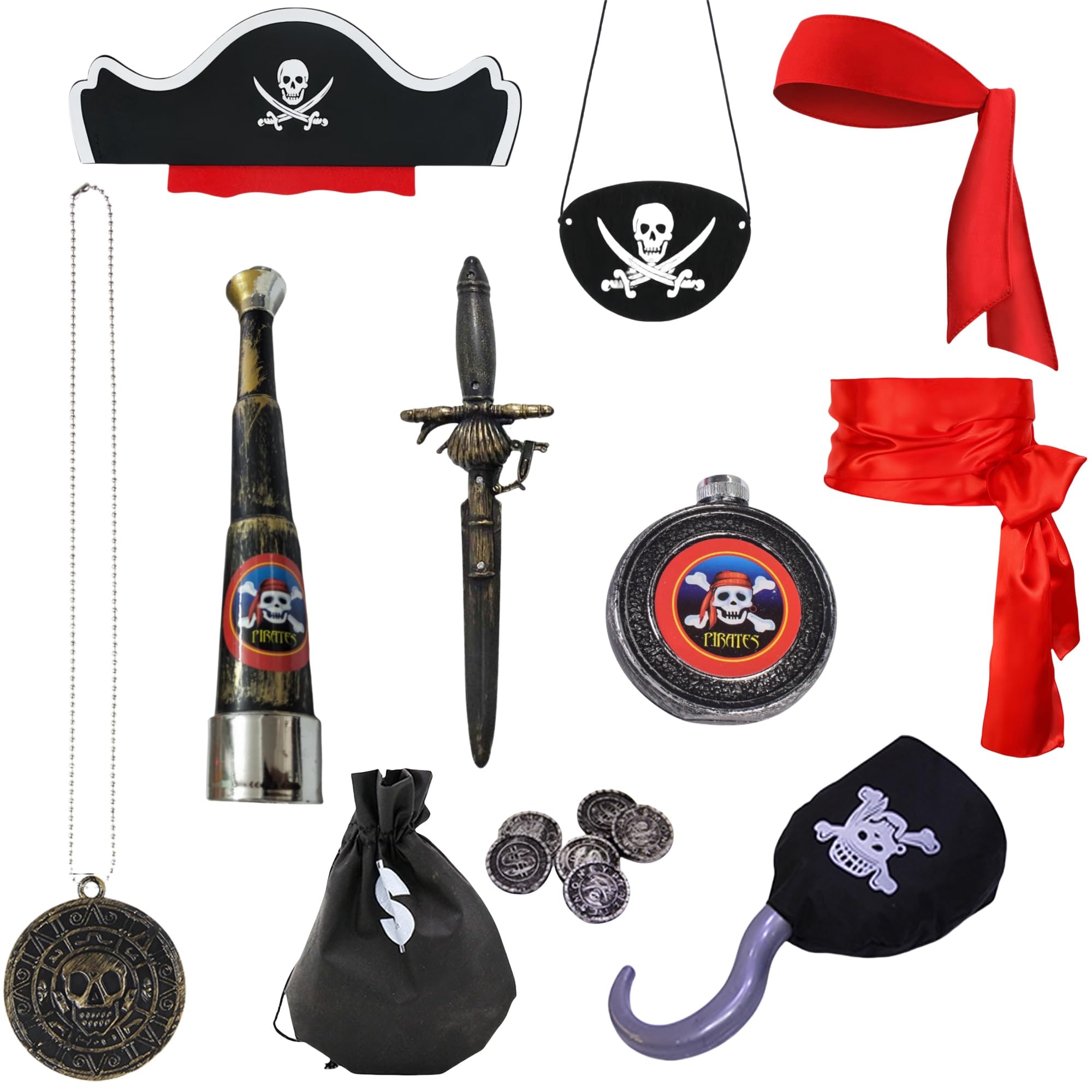 Photo 1 of 10Pcs Pirate Accessories Set Role Play Captain Pirate Costume Decorations Pirate Hook Hat Telescope Headscarf Belt Eye Patch Halloween Costume