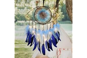 Dremisland Evil Eye Dream Catcher with Fairy Lights-Handmade Blue Feather Dream Catchers Evil Eye Wall Hanging Ornament Home Decor for Bedroom Livingroom Yard, Blessing Craft Gift (Blue-Light)