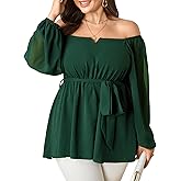 SCOMCHIC Womens Plus Size Peplum Tops Long Sleeve Square Neck Blouse Ruffle Hem Tie Waist Babydoll Top