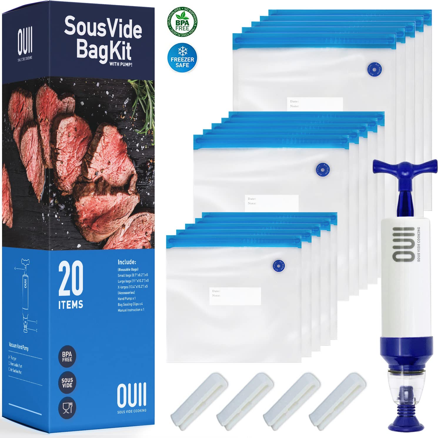 Sous Vide Bags for Joule and Anova Cooker - 20 Pieces Kit with Vacuum Sealer Bags, Hand Pump, Clips - 3 Bag Sizes, Food Storage, Meal Prep - Fits Any Sous Vide Cooking Machine
