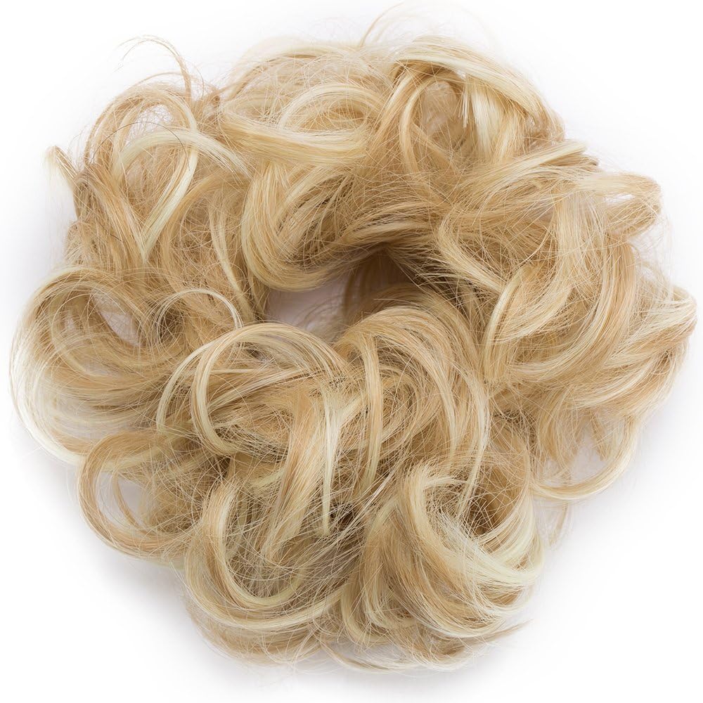 Scrunchie Hairpiece Wavy Hair Bun Updo Curly Hair Bun Ribbon Ponytail Extension Donut Hair Chignons 30g, Dark Blonde to Bleach Blonde - Image 3