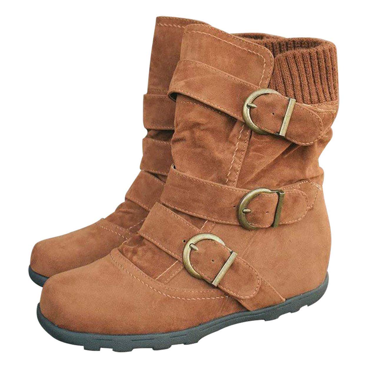 Susanny Ankle Boots for Women Warm Winter Zip Suede Booties Buckle Strappy Shoes Round Toe