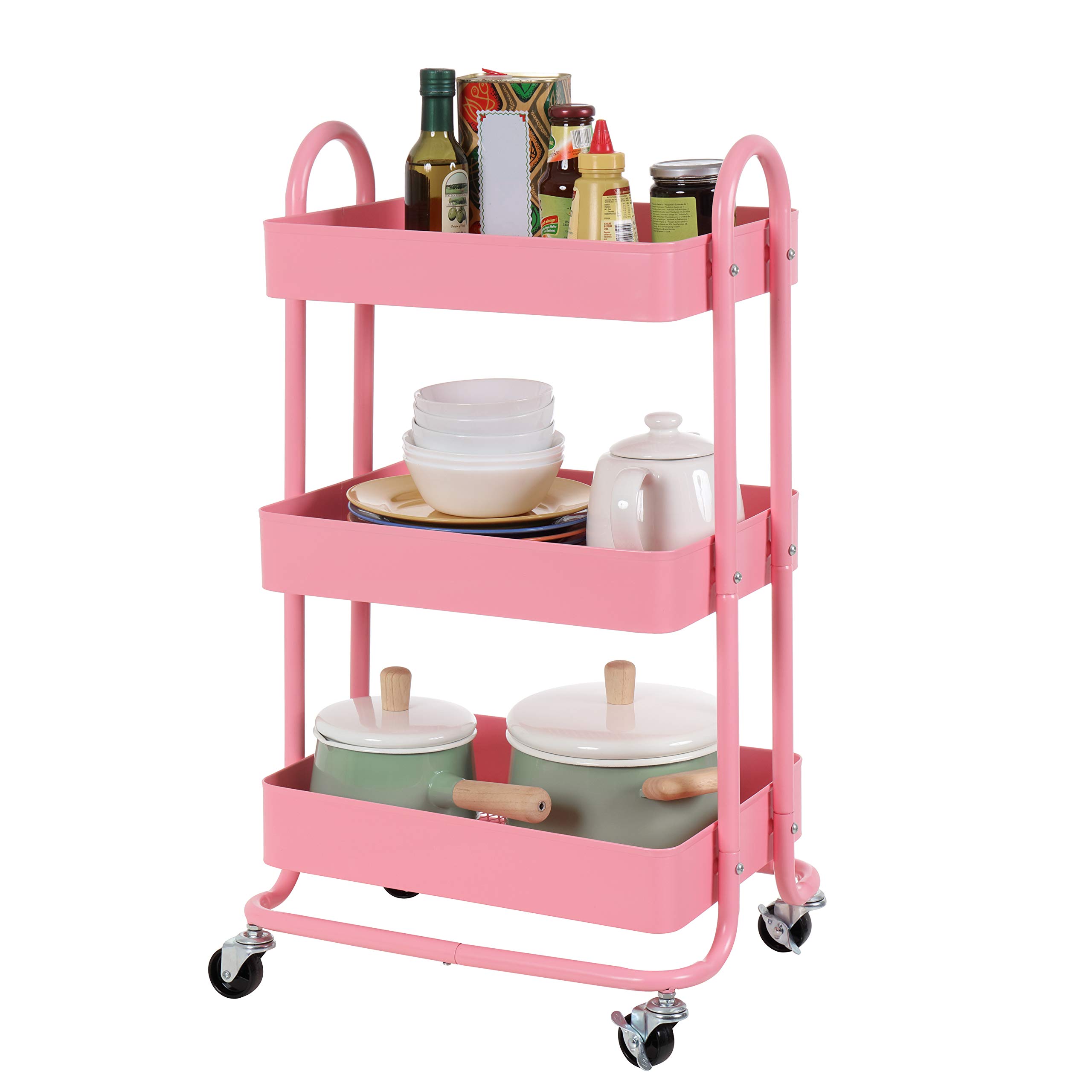 Finnhomy 3 Tier Rolling Storage Utility Cart with Brake Wheels Heavy Duty Multifunctional Metal Mesh Organizer Carts with Drawer for Kitchen/Living Room/Bath Room/Office - Pink