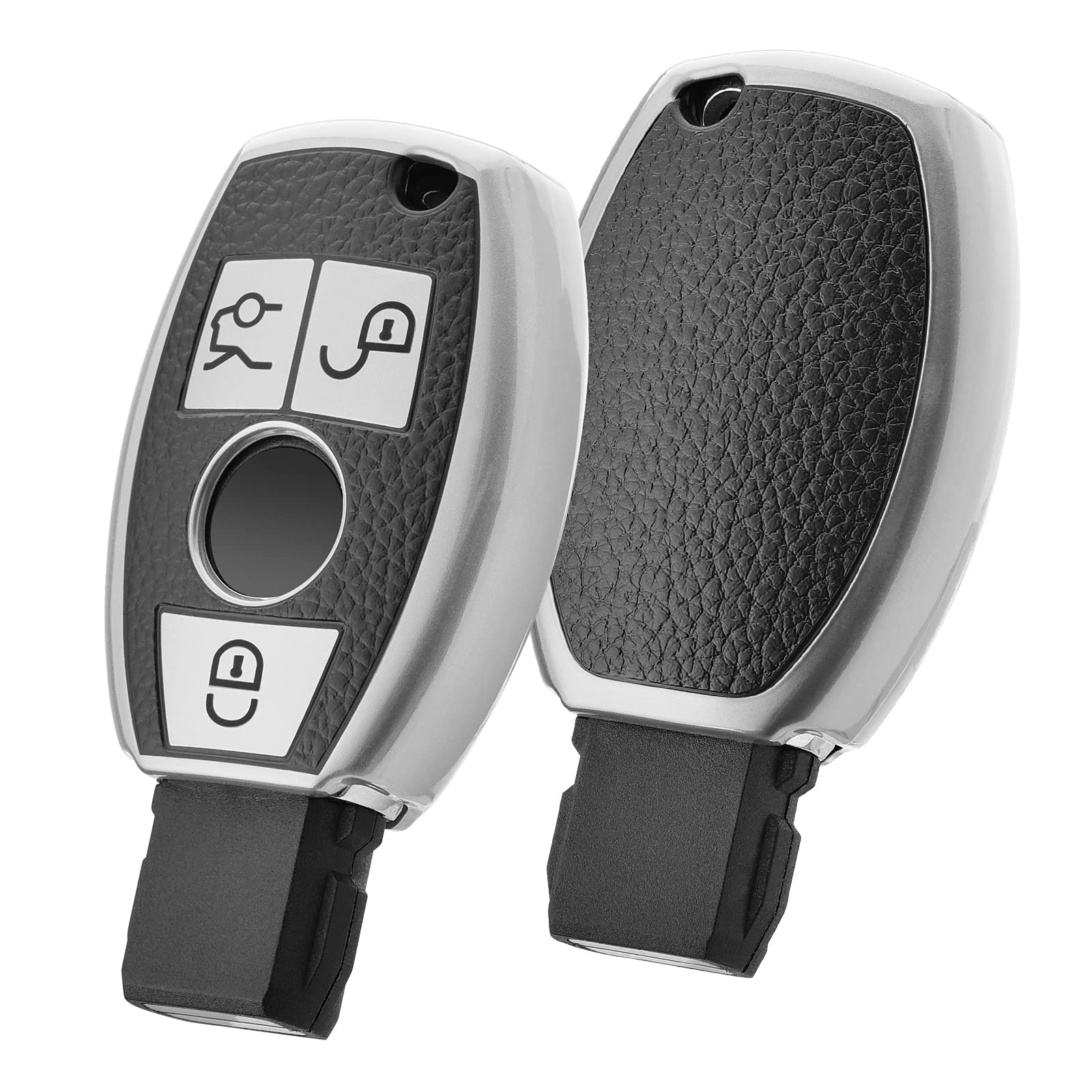 OATSBASF Car Key Case for Mercedes Benz, Key Cover for Mercedes Benz W204 W211 2-3 Keyless Buttons A B C E Class(Silver Leather)