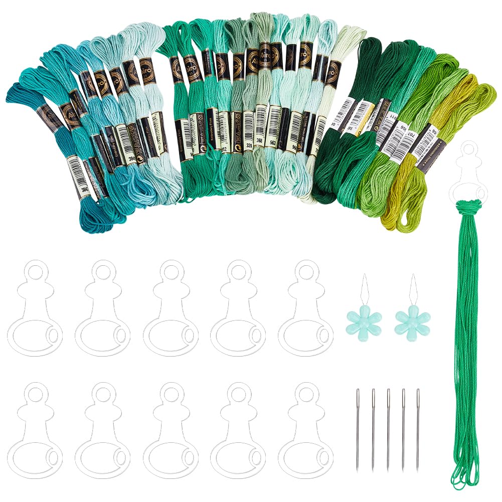 PH PandaHall 49pcs Green Sewing Threads Kit, Embroidery Floss Embroidery Skein Threads Embroidery Floss Drop with Needles and Needle Devices Embroidery Kit for Bracelets DIY Embroidery Thread Crafts