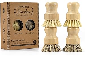 VALENTISE 4 Pack Bamboo Dish Brush Set, Natural Palm Dish Scrubber for Pots and Vegetables, Sisal Bristle Bamboo Scrub Brush 