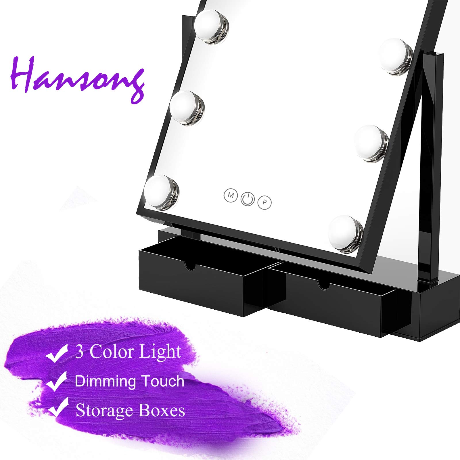 Hollywood Lighted Vanity Makeup Mirror,Light-up Professional Mirror with storage,Multiple Color Modes, Large Cosmetic Mirror with 12 Dimmable Bulbs for Dressing Table