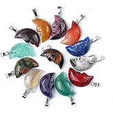 LHJ 10 Pcs Natural Stone Pendants Moon Shape Vivid Face Carved Healing Quartz Crystal Gemstone Charms for Jewelry Making Necklace Gift